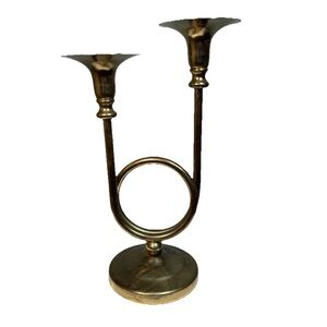 Vintage Brass Double Candle Holder French Horn Trumpet Candlestick MCM Christmas